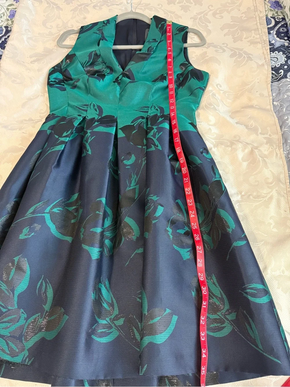 Vince Camuto Emerald & Navy Floral Jacquard Fit & Flare Cocktail Dress Sz 4 - Picture 11 of 12